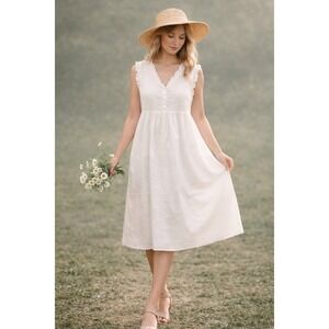 White Cotton Prairie Cottagecore Dress L Embroidered Ruffle Boho